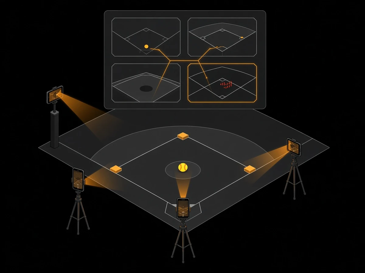 Isometric night field with phones on tripods around the diamond, each sending a view into a four-camera switcher panel.