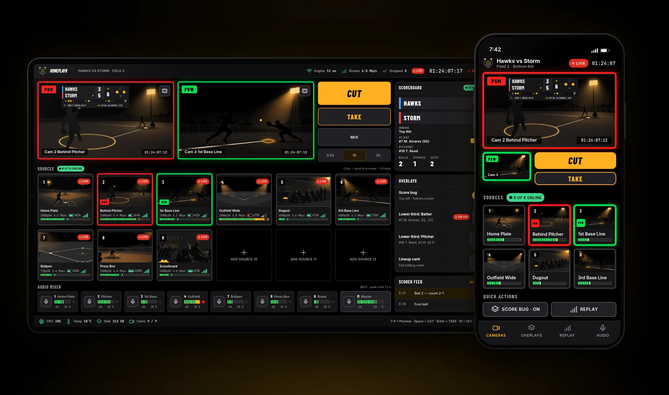 The Homeplayr switcher shown on a tablet and a phone side by side.